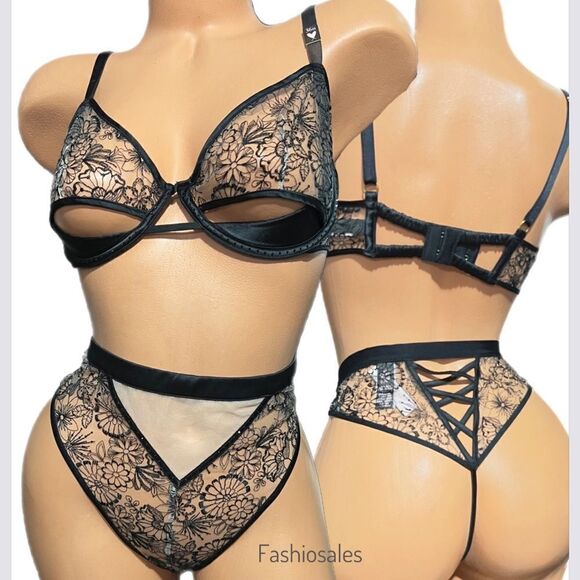 Victoria’s Secret Set Sexy Cut out mesh Rhinestones Demi Bra & High Waist thong - Picture 5 of 14